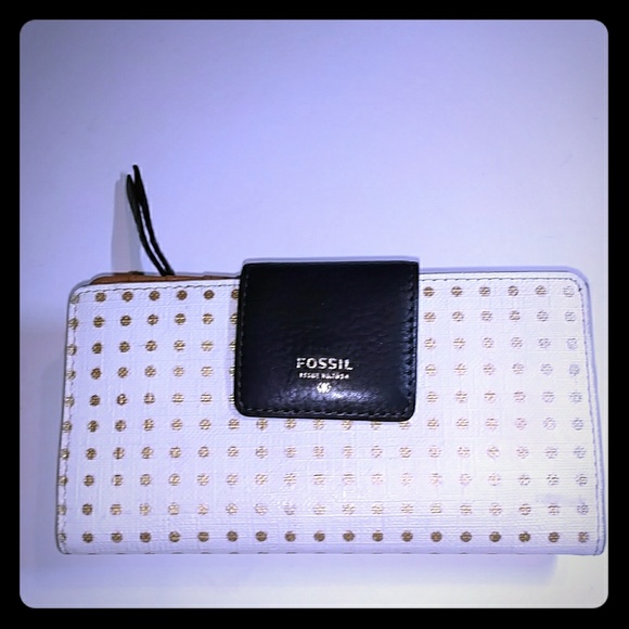 FOSSIL BI-FOLD WALLET IN WHITE & GOLD POKA DOTS - Picture 1 of 8